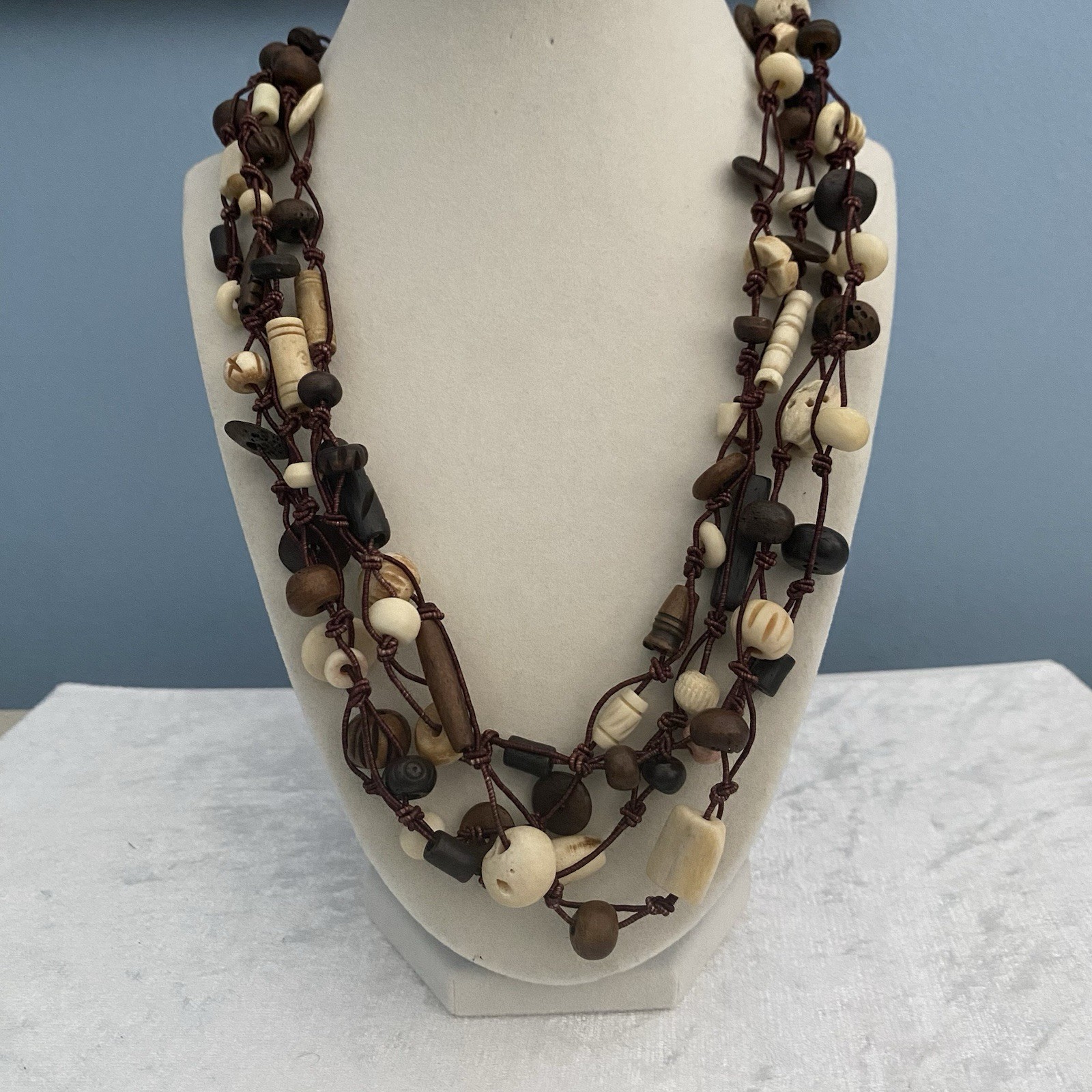 Multi-Strand Bead Necklace Collar Brown Cream Boho Tribal Chunky Layered