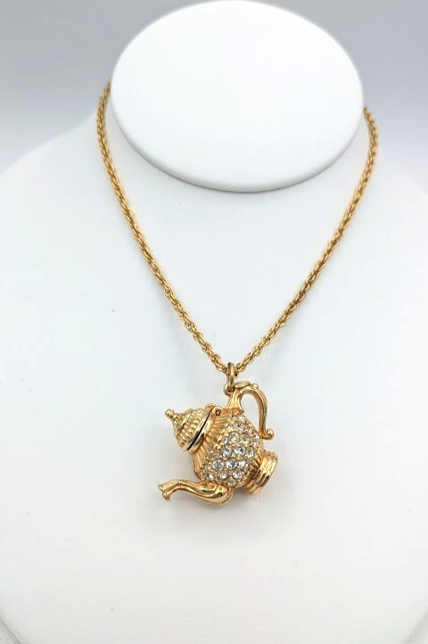 Vintage SWAROVSKI Necklace Crystal Teapot Pendant Gold Tone Signed