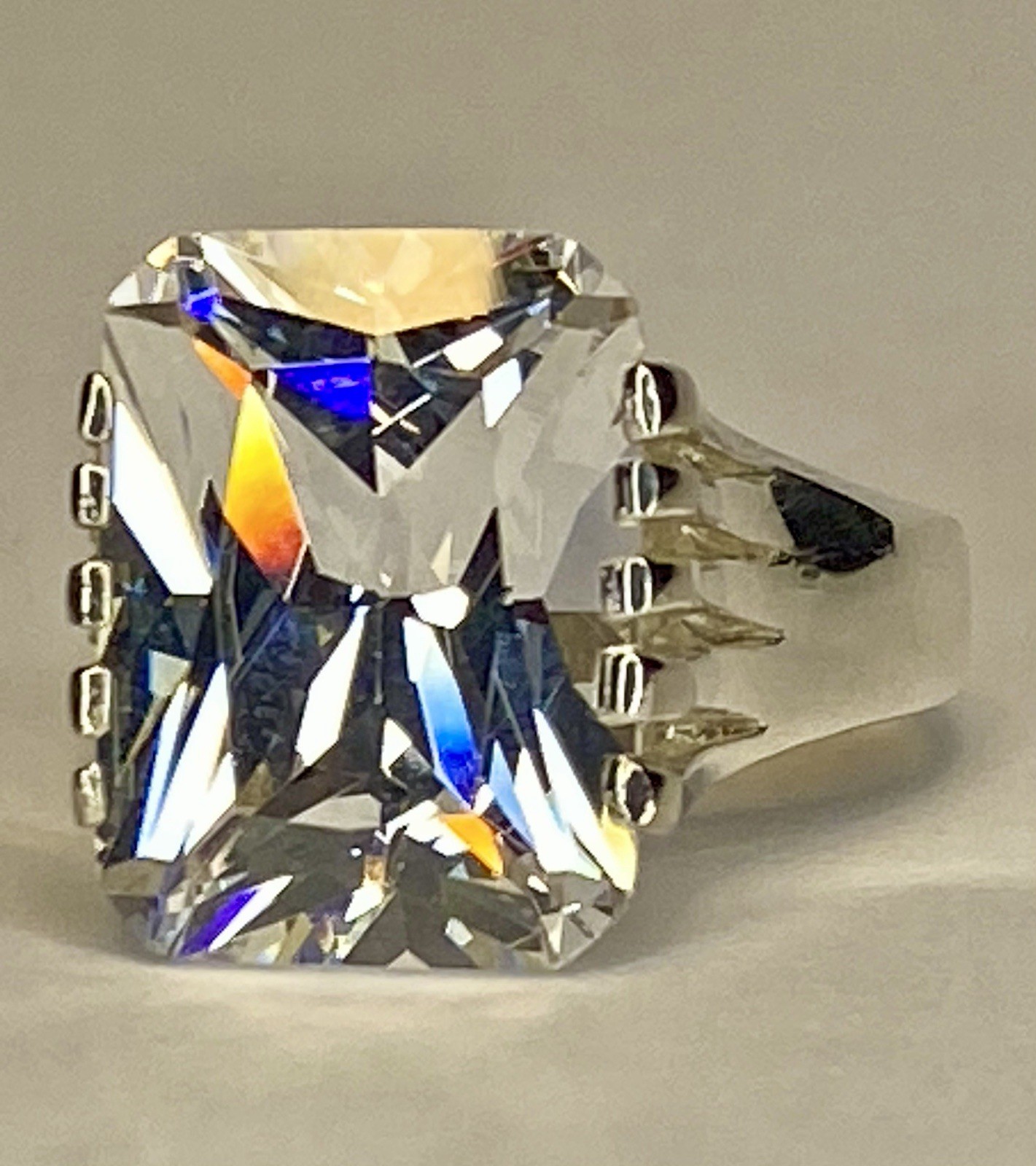 Sterling Silver 925 Rhodium Plated Large Radiant Cut Cubic Zirconia Ring Sz 6.75
