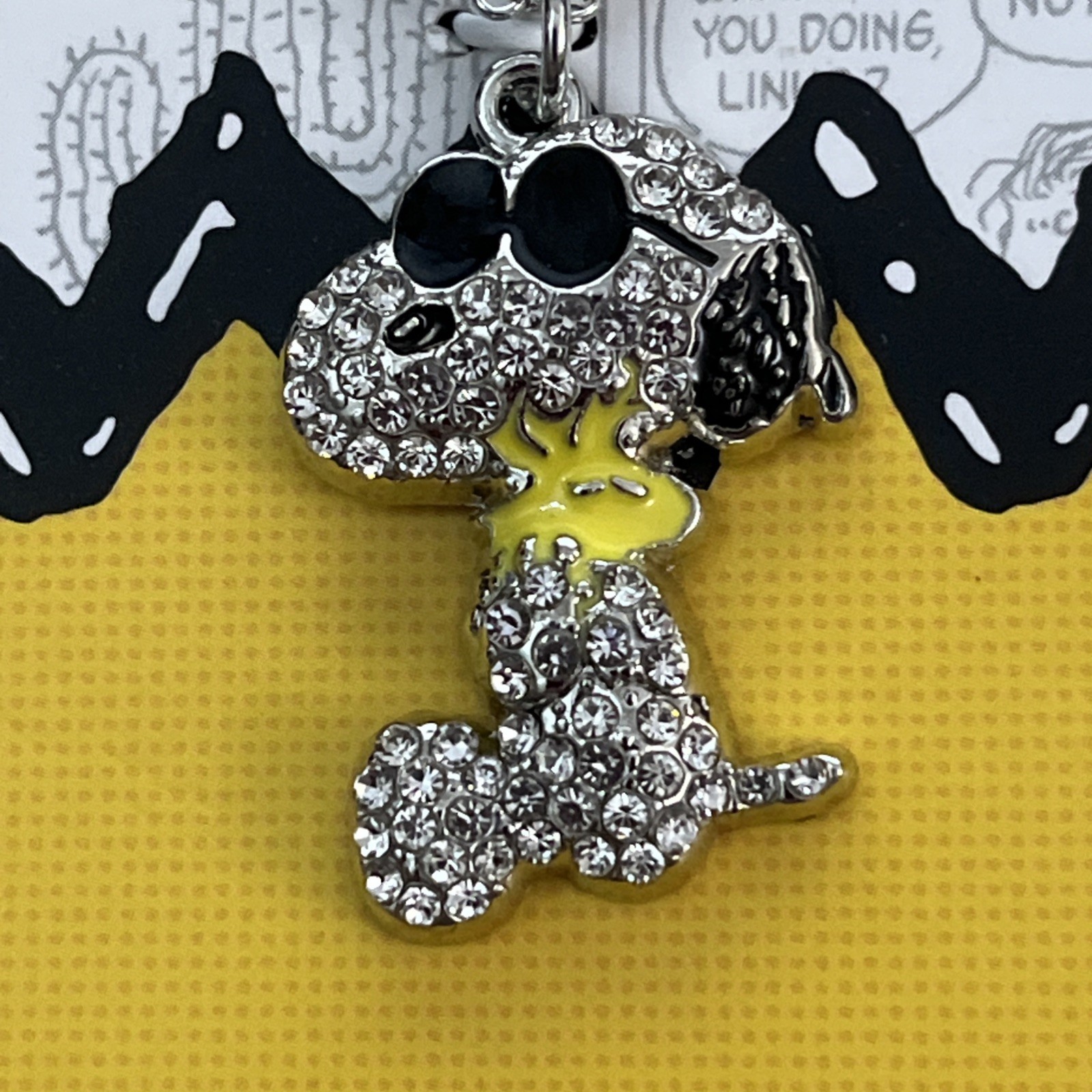 Peanuts Snoopy Hugging Woodstock Necklace Rhinestone Enamel Silver Tone New