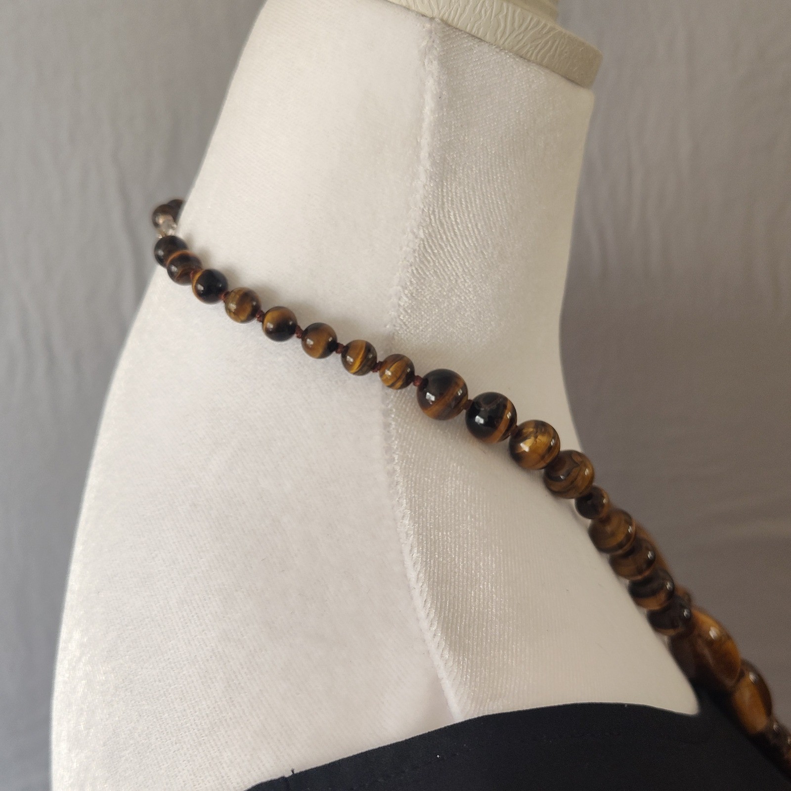 Vintage Tigers Eye Beaded Necklace Natural Stone Graduated Statement 32 Inch