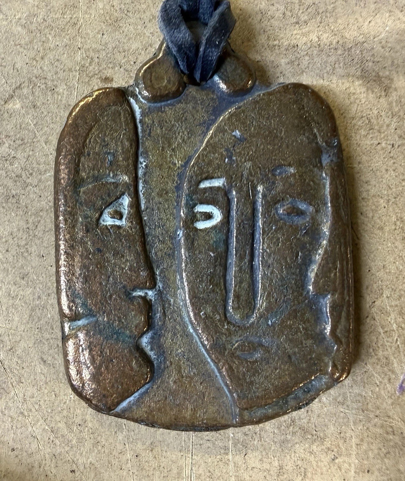 Bernard Chaudron Brutalist Bronze 3 Face Pendant Necklace Mid Century Abstract⁠