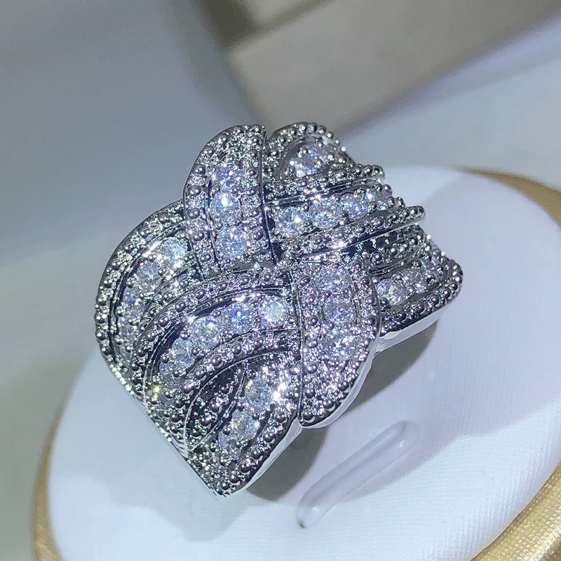 Sterling Silver Band Ring Simulated Zirconia Pave Set Wedding Women Jewelry