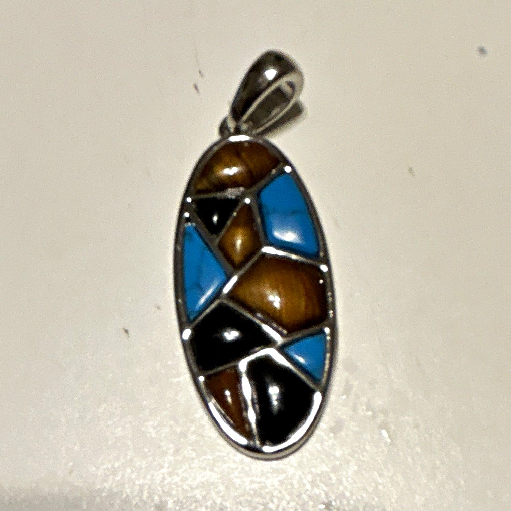 Oval Inlay Charm Pendant Silver Tone Metal Multicolor Blue Brown Black Art