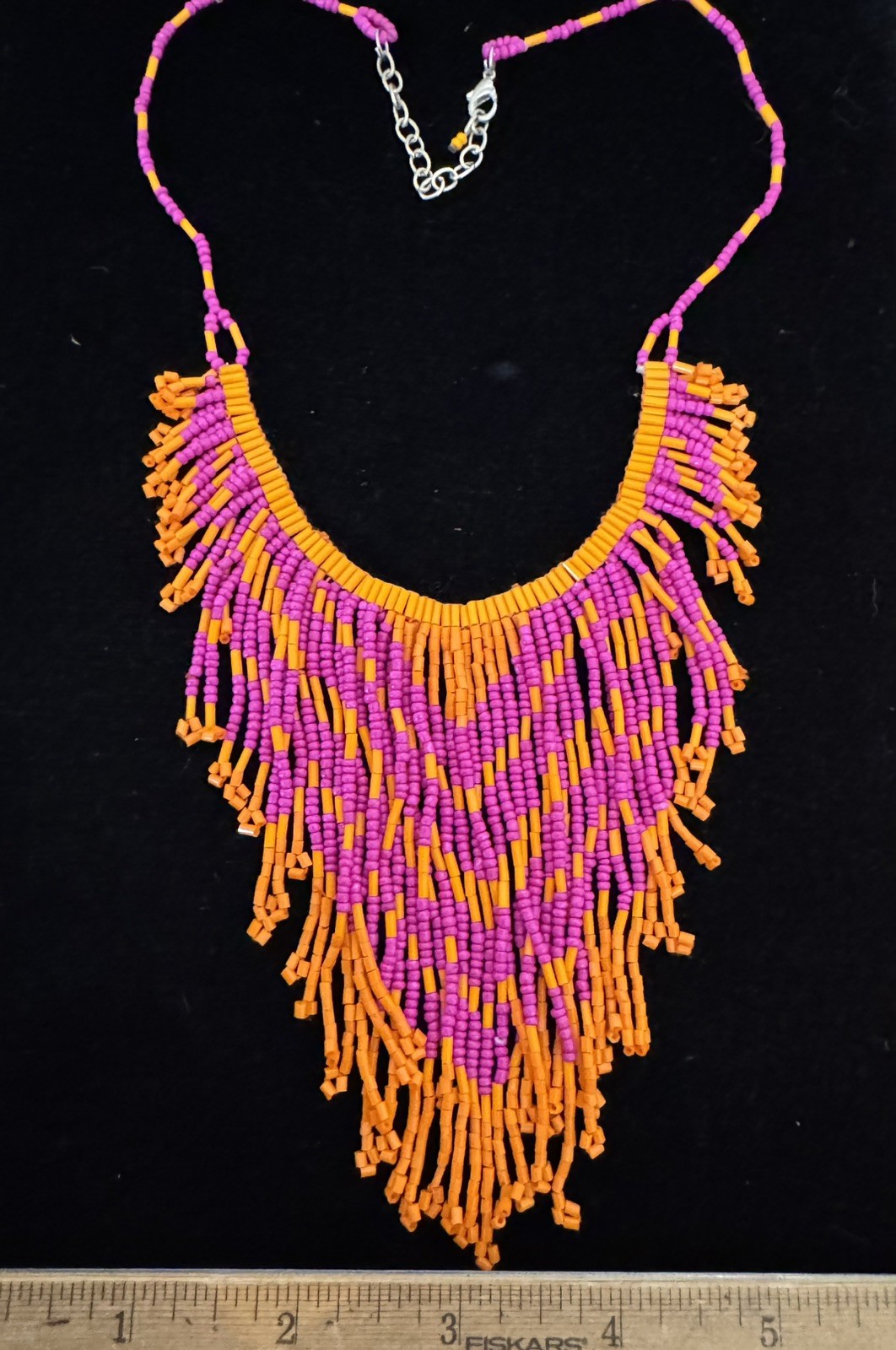 BoHo Orange and Fuchia Seed Bead Fringe Bib Choker Necklace 15″