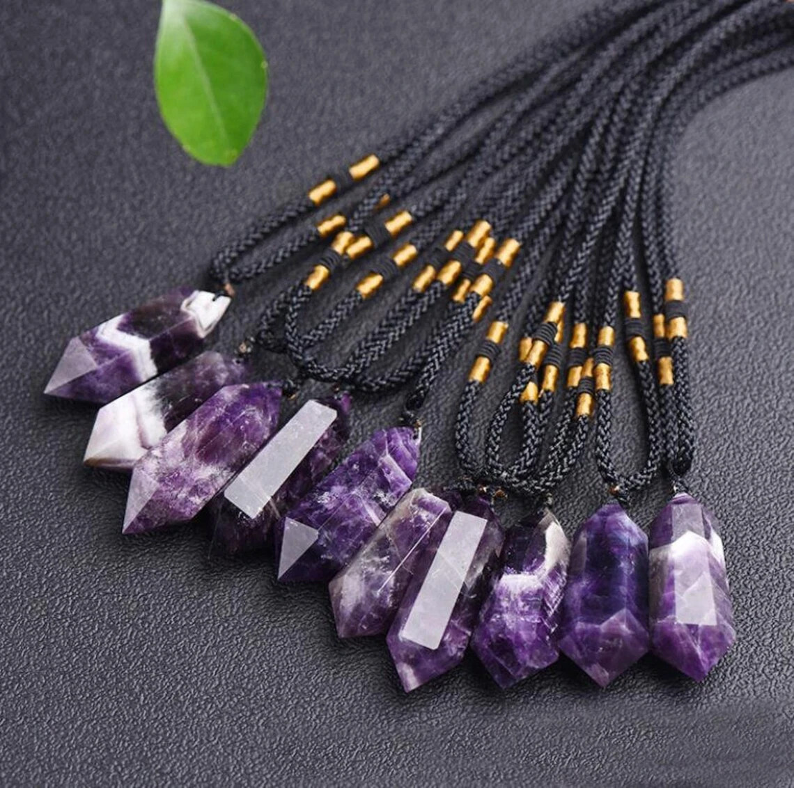 Natural Amethyst Crystal Pendant Necklace Hexagonal Point Chakra Jewelry Gift