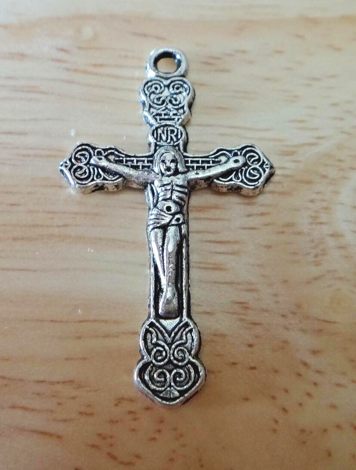Silver 1.5 inch 39x20mm Pewter Fancy Crucifix Cross Pendant Charm w/ jump ring