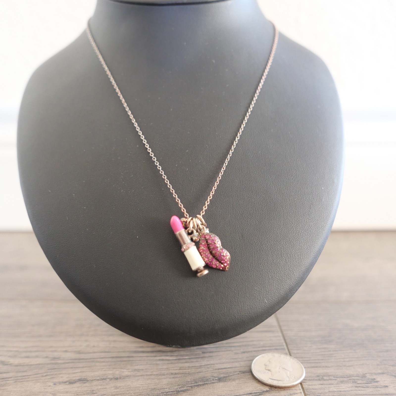 Betsey Johnson Light Pink Lipstick With Rhinestone Lips Shaped Necklace