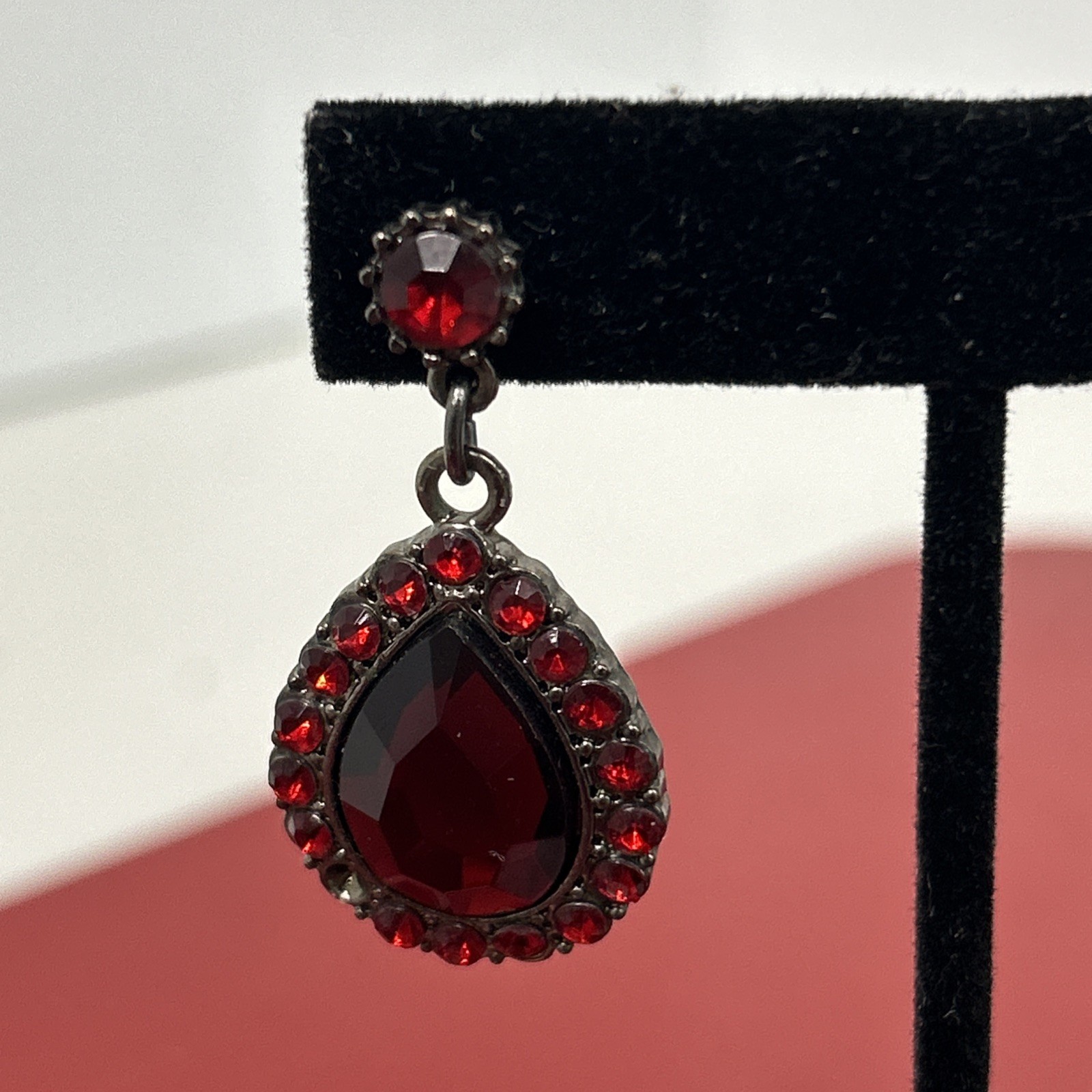 Antique Teardrop Cut Red Faux Garnets Gemstones Silver Dangle Post Earrings