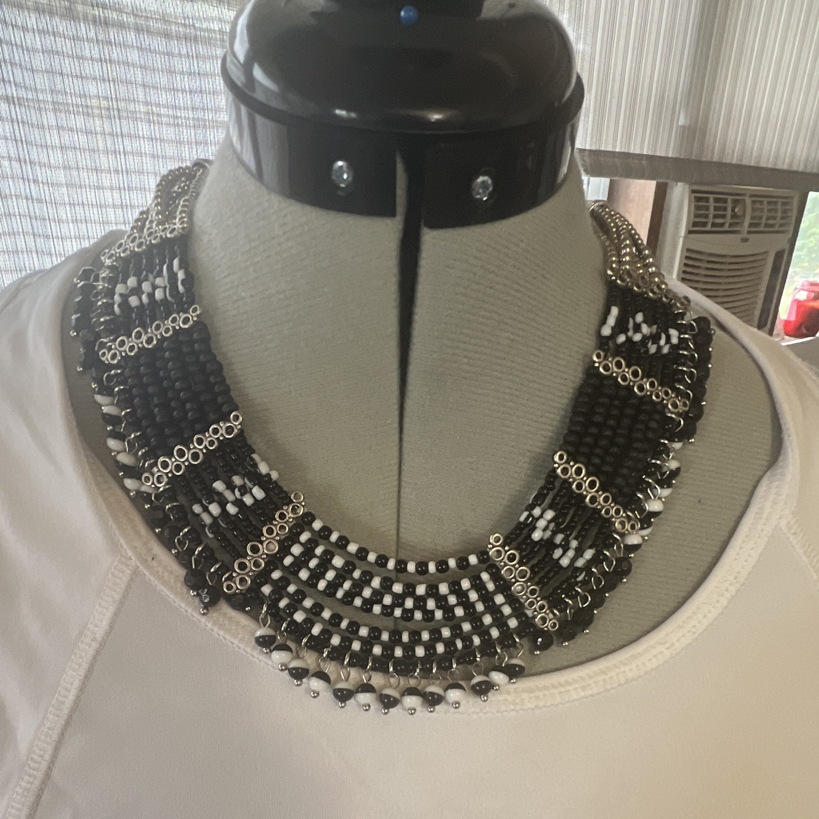 Black White & Silver Tone Beaded Statement Bib Necklace, Adjustable, Lobster