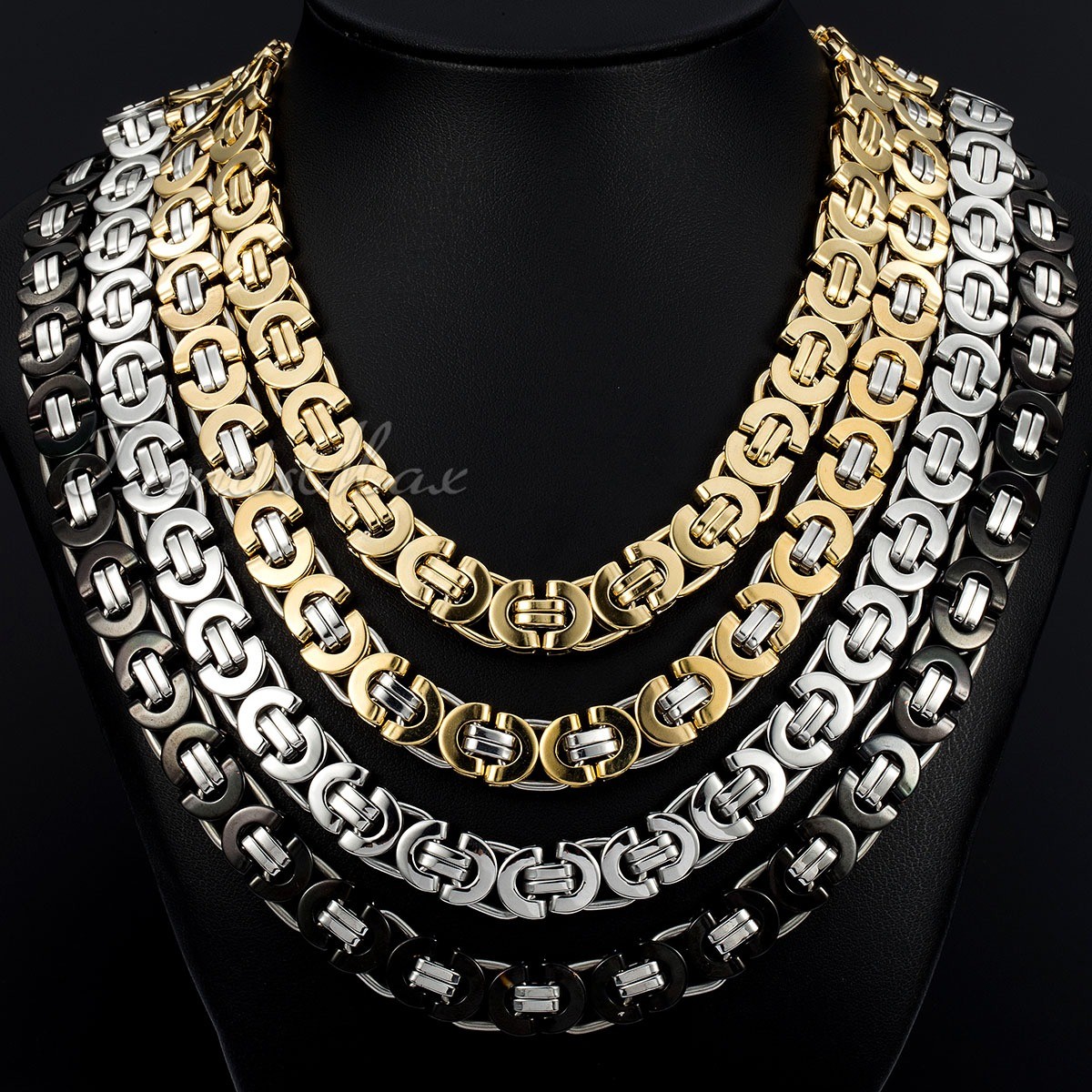 11mm Flat Byzantine Link Necklace Silver/Gold Plated Stainless Steel MENS Chain
