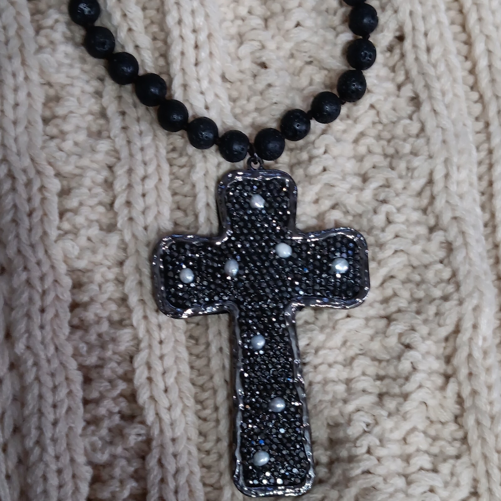 Black Silver Beaded Ball Chain Necklace Cross Charm Pendant Religious