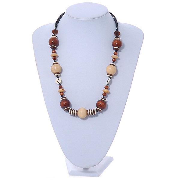 Stylish Brown/ Natural Wood and Acrylic Bead With Black Cotton Cord Necklace –