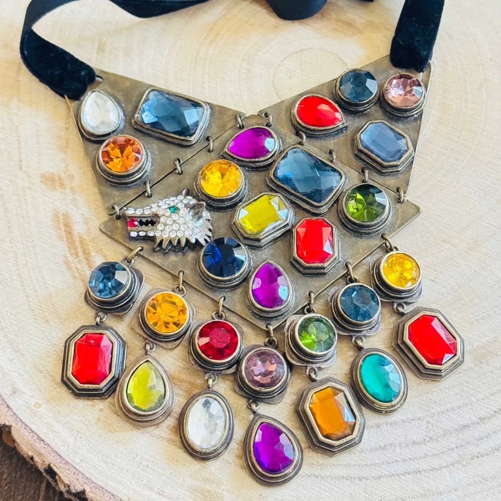 Loulou de la Falaise necklace colorful jeweled rhinestone gold tone velvet 32″