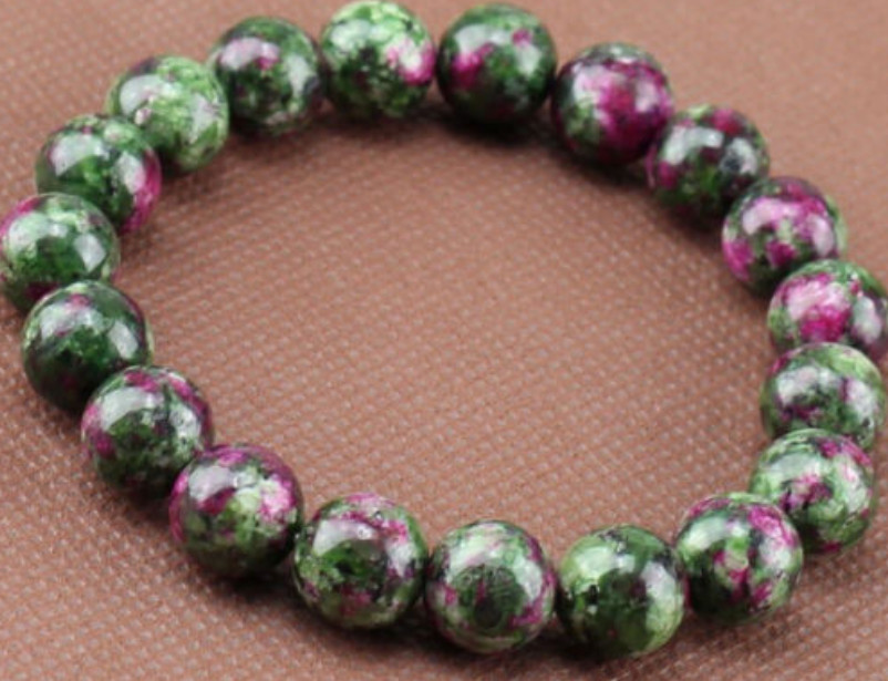 10mm Natural Green Ruby In Zoisite Round Gemstone Stretchy Bracelet 7.5”