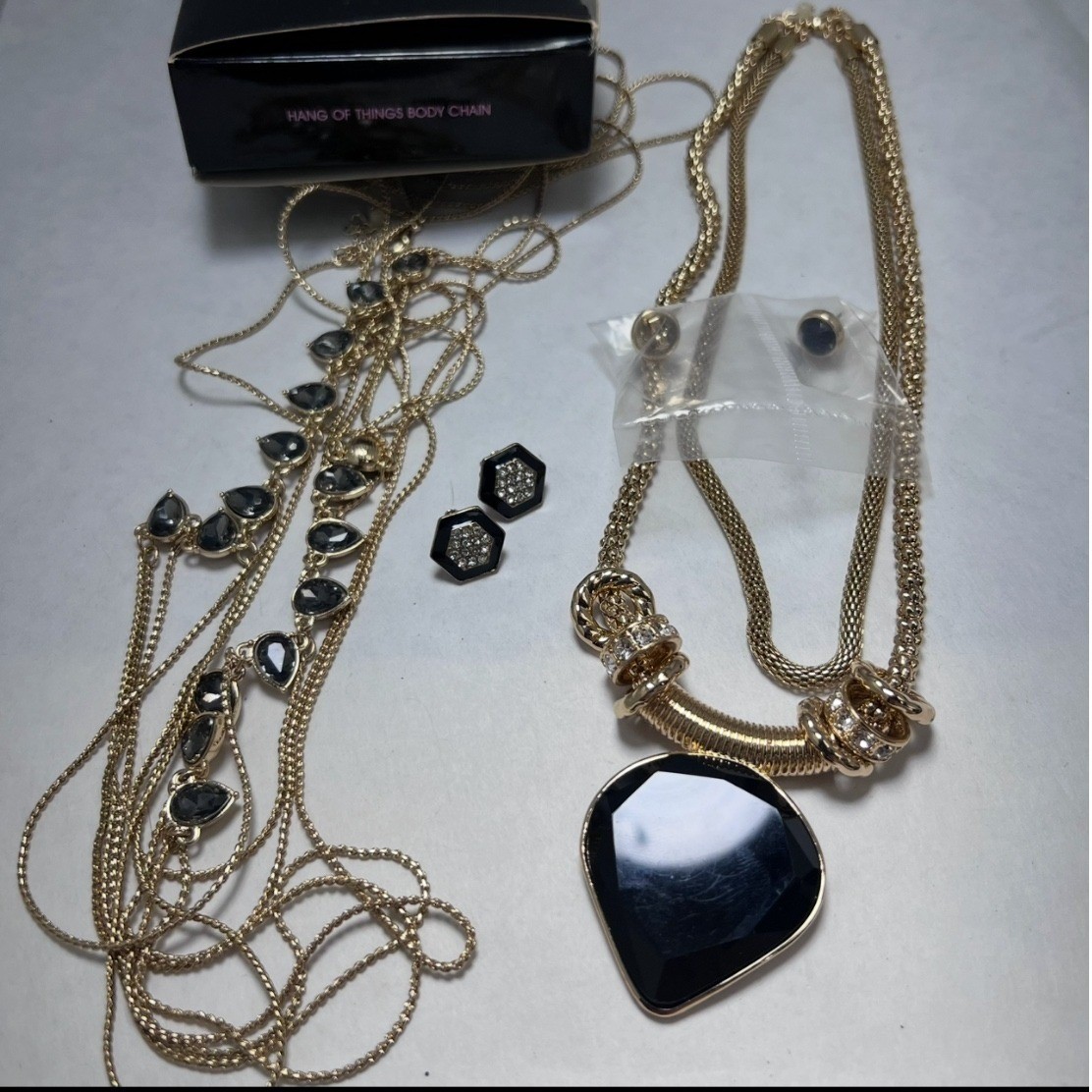 Gold Tone Black Statement Necklace Body Chain & Earrings Jewelry Lot Set 4pc