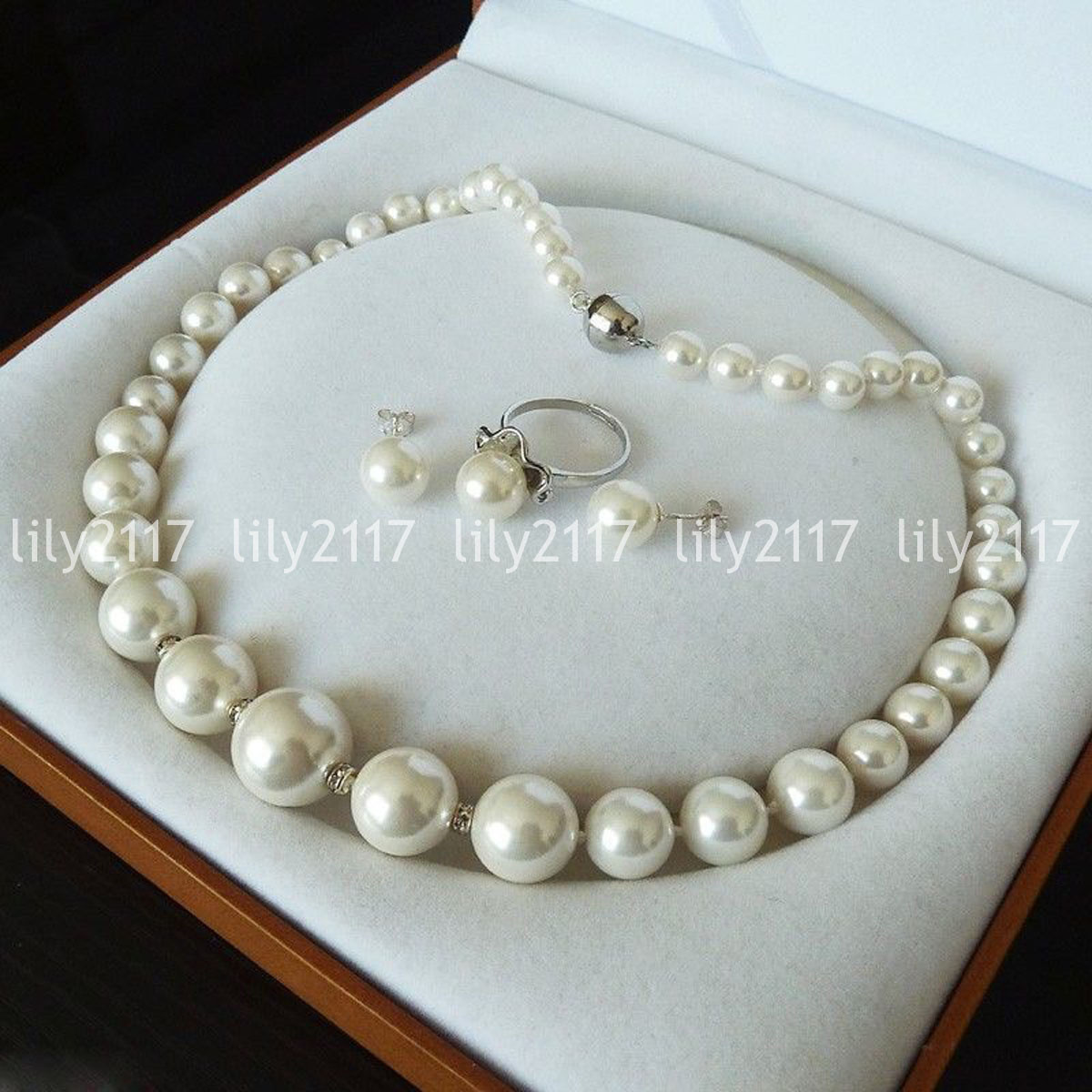 Beautiful 8mm-16mm White Shell Pearl luxury Ring adjustable Earring Necklace Set