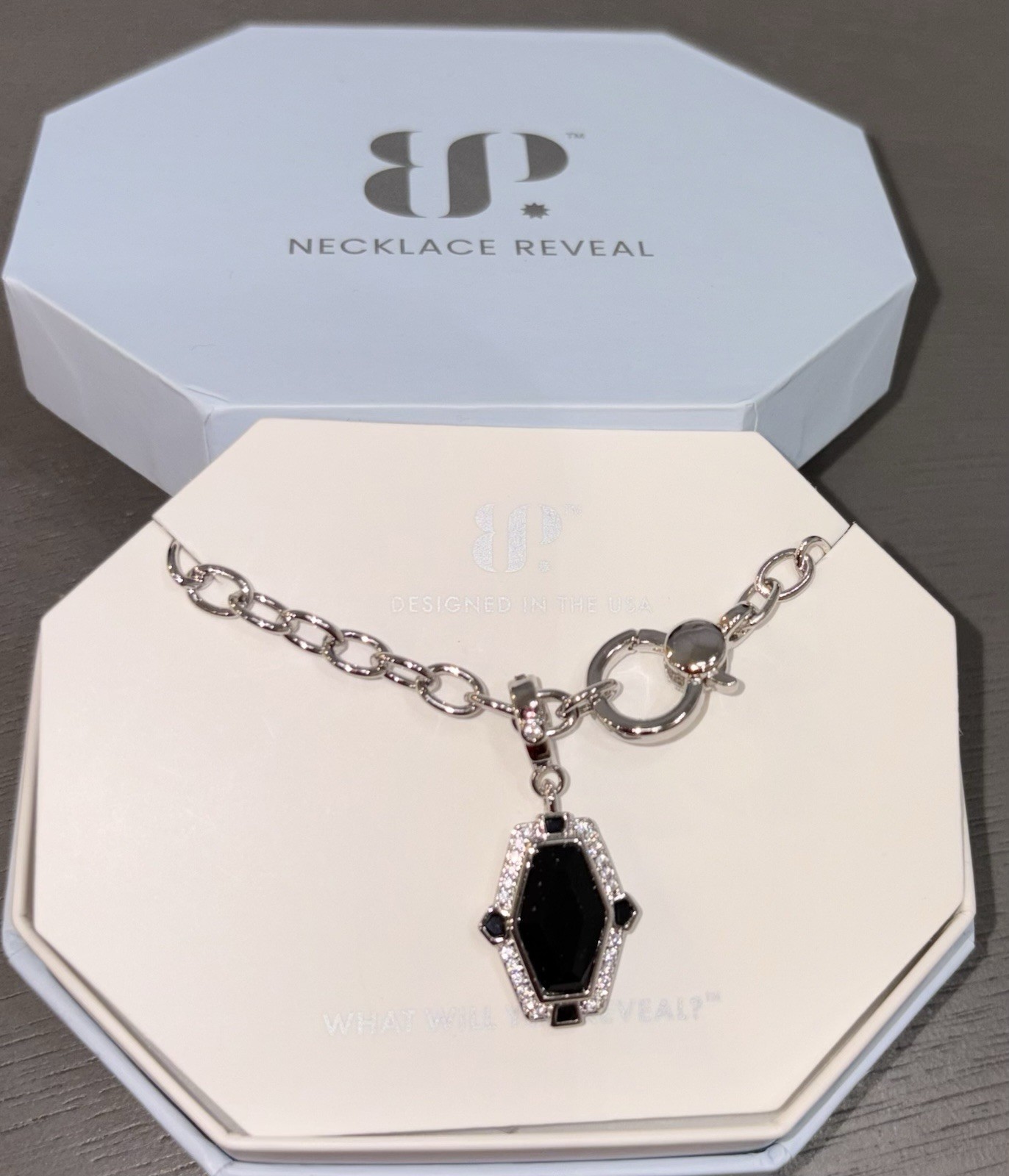 BP Rhodium Plated Black Onyx CZ Hexagon Removable Pendant Necklace 18″ NK86848