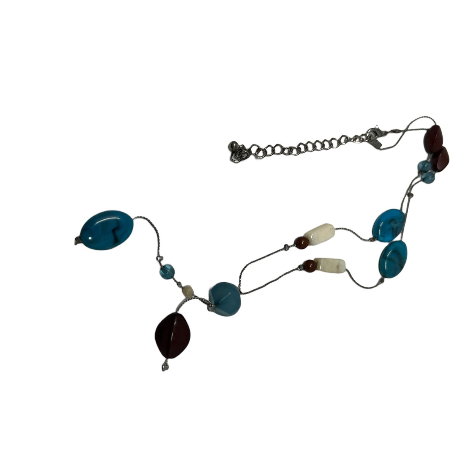 Silver Tone Necklace Teal Blue Tan Beads Lariat Choker