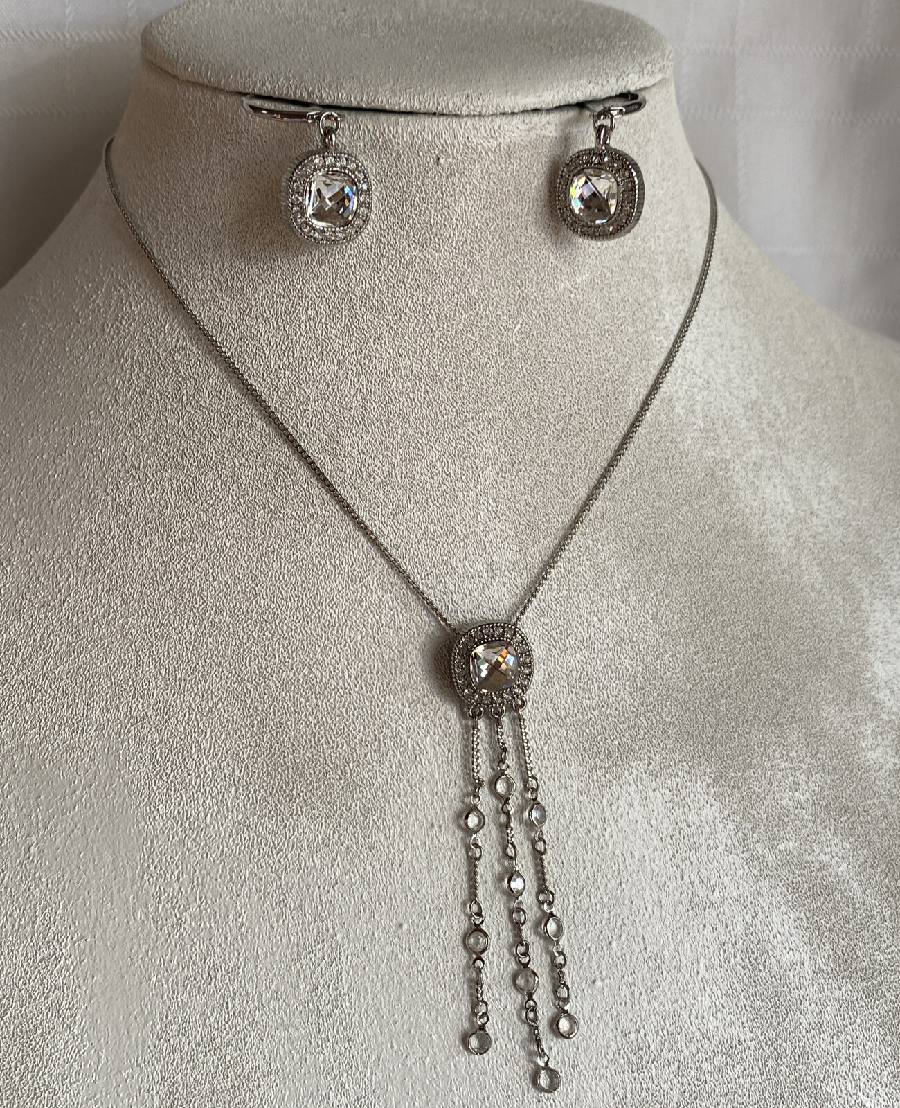 Lia Sophia Bella Donna Necklace 15-18” Earrings Silver Tone Rare Set Cz Wow!