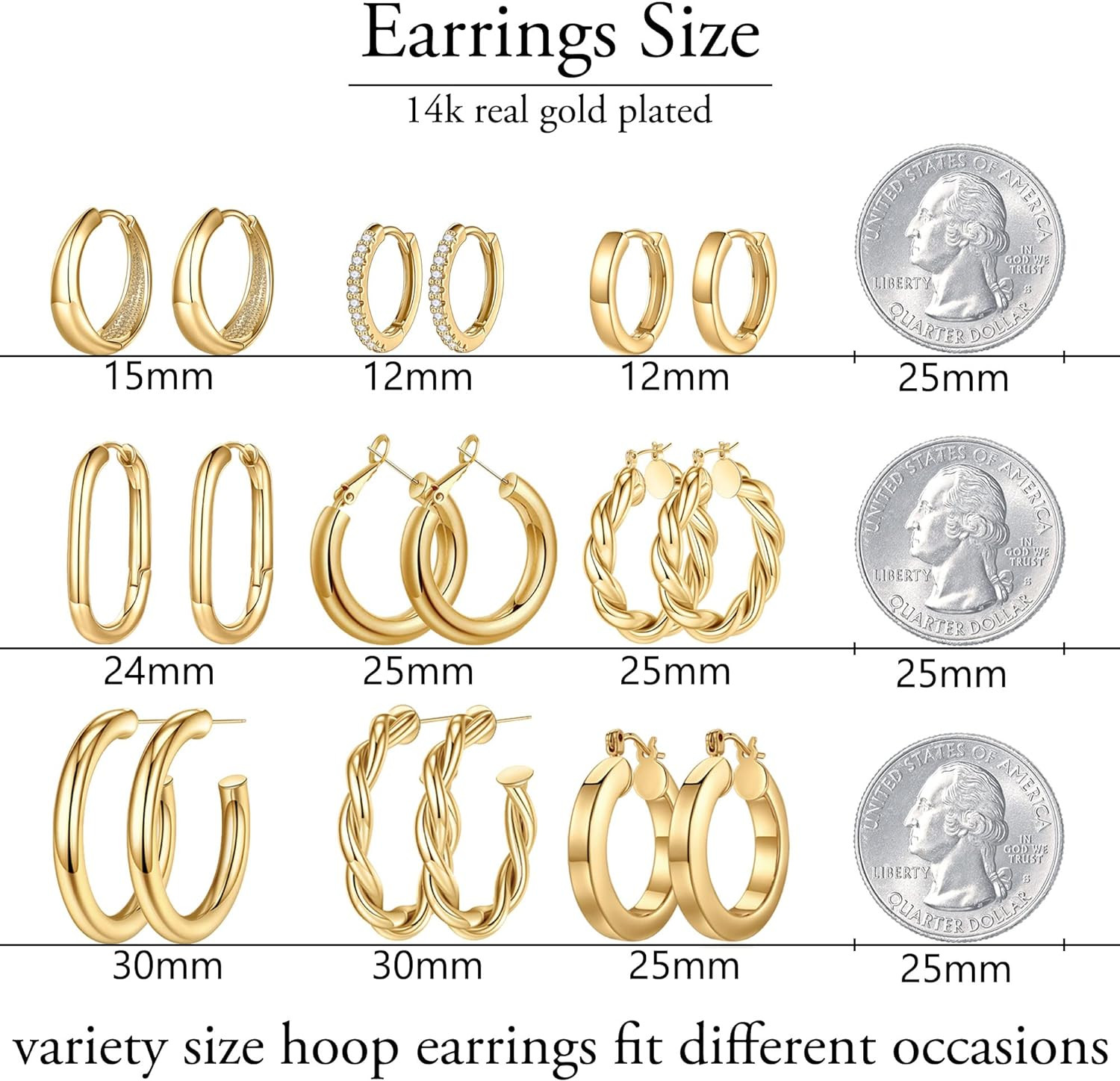 9 Pairs Gold Hoop Earrings for Women, 14K Real Gold Plated Chunky Hoop Earrings