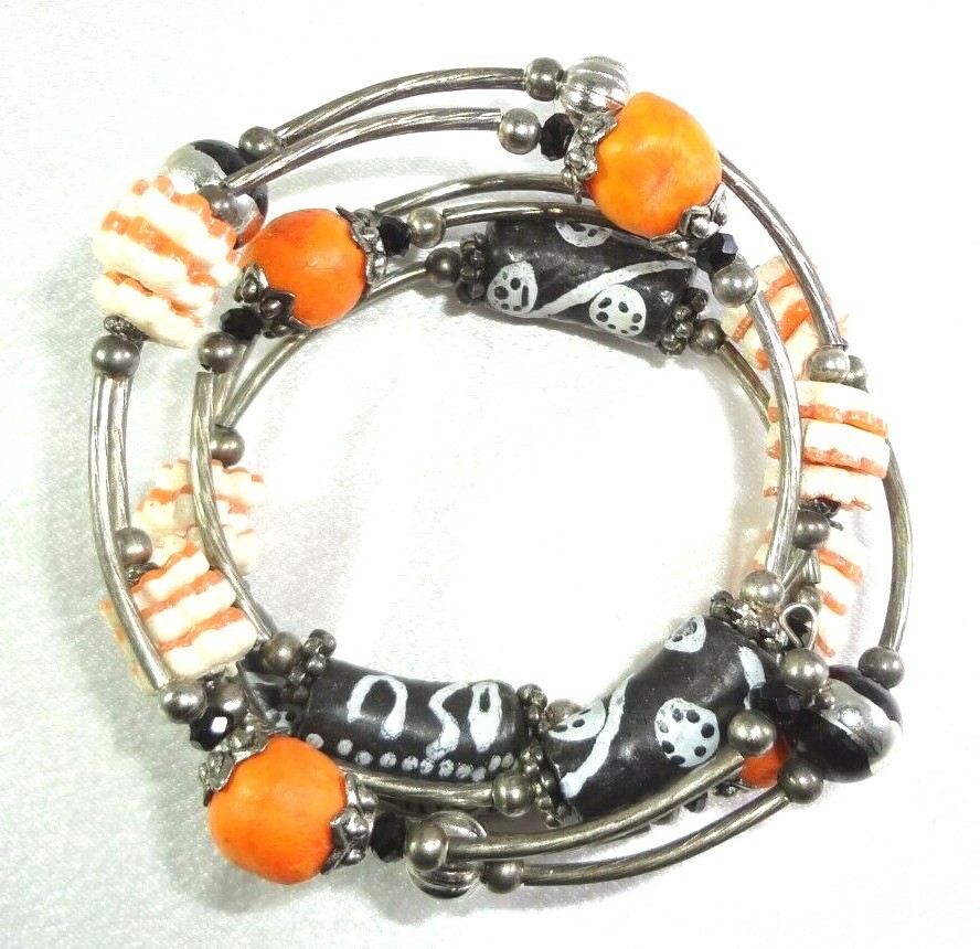 KAIROS 10 Mixed Materials Orange White & Black Beads Wrap Bangle Bracelet!