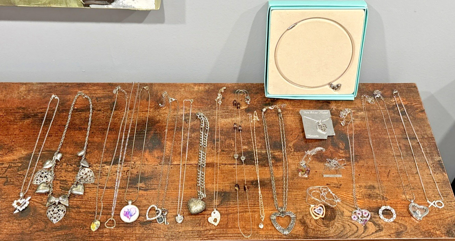 Lot 21 Heart Themed Necklaces Mixed Metals All Silver Tone 3 Sterling