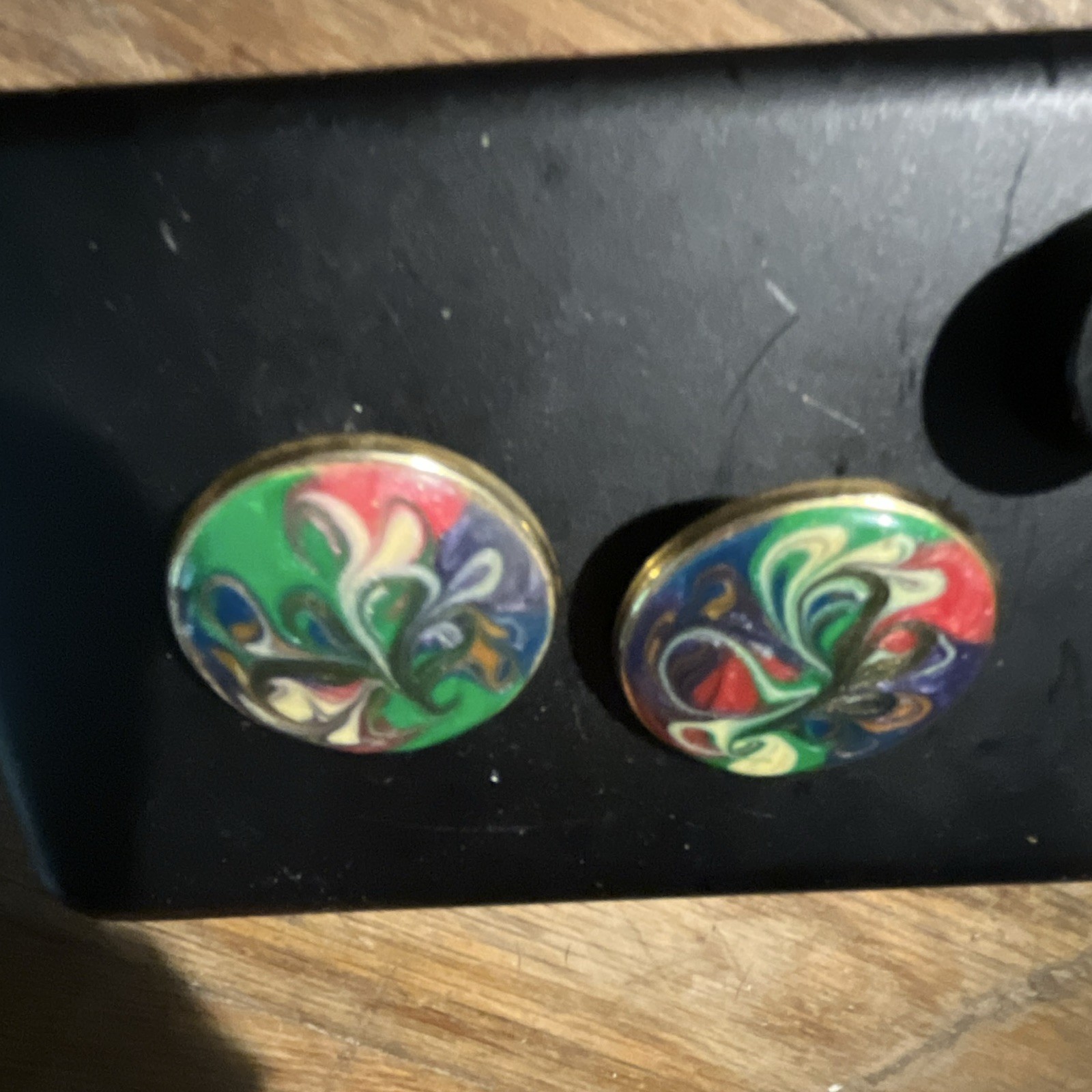 Round Multicolor Swirl Enamel Stud Earrings, Metal, Butterfly Closure Pair