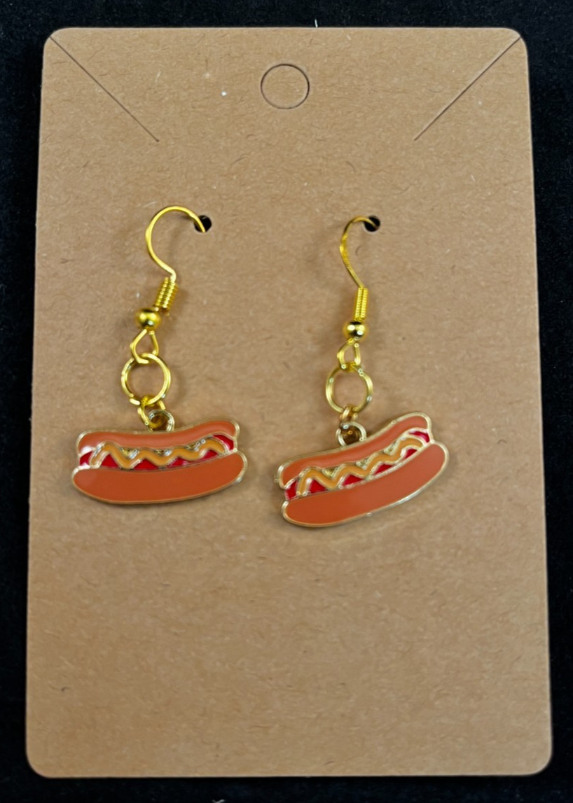 Hot Dog Earrings – Dangle – Food – Gold Hooks – Handmade
