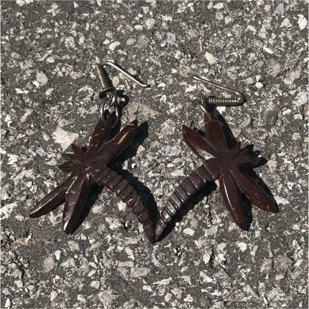 Handmade in Mexico Brown Wood Dragonfly Dangle Hook Earrings