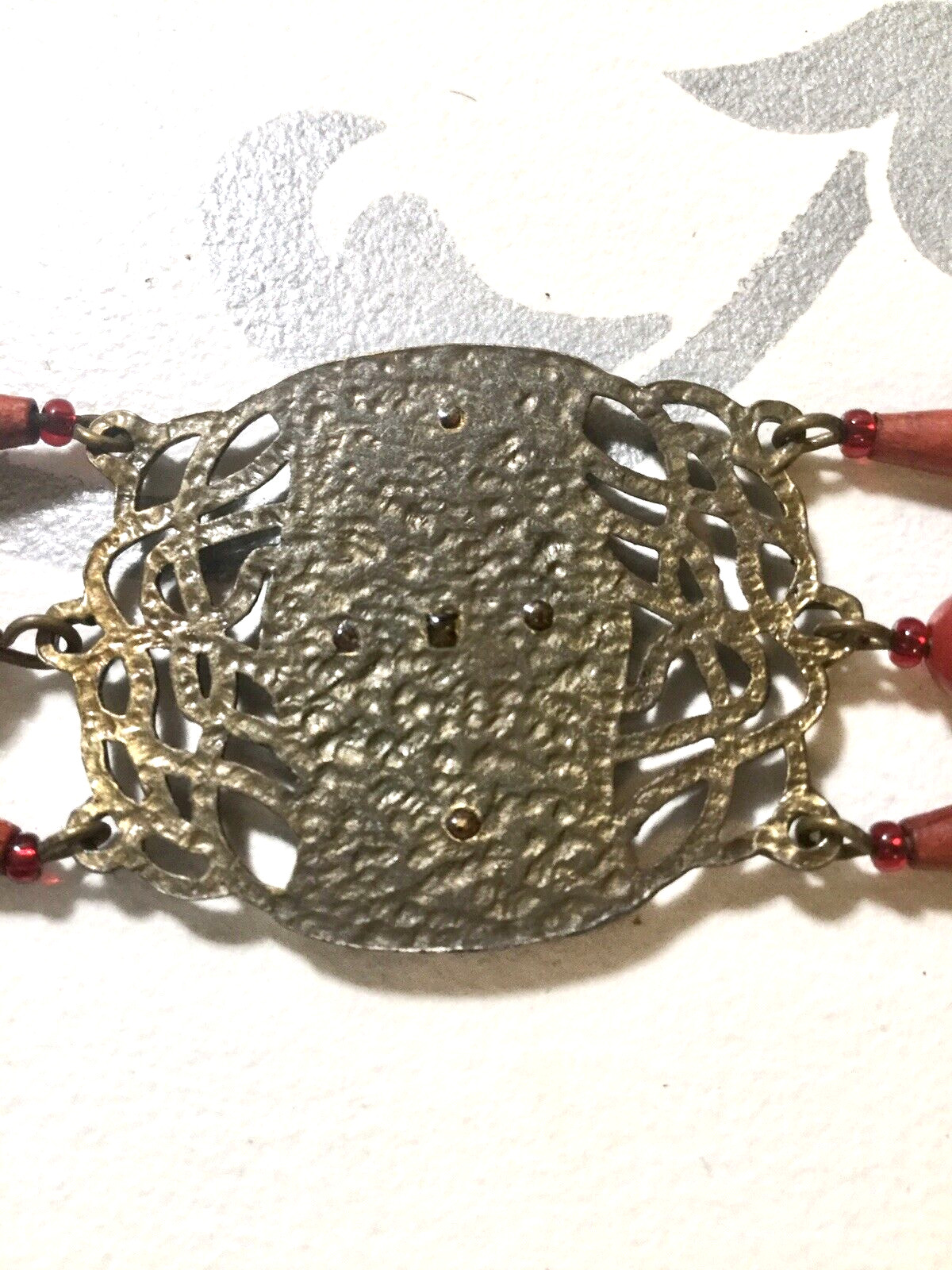 Womens Red Wood Bead Bracelet Alloy Centerpiece Crystals Bronze Tone Boho Chic