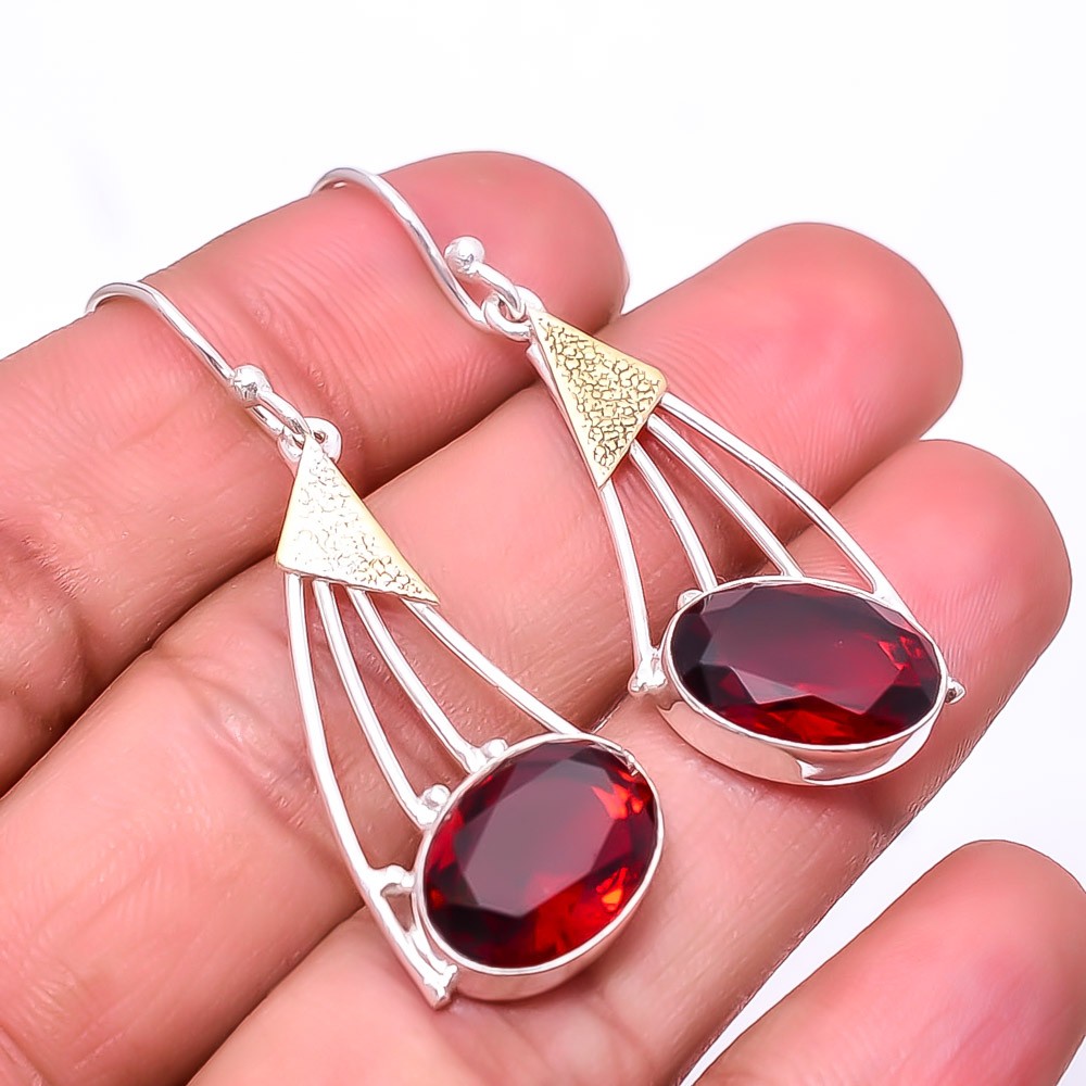 Red Garnet Gemstone 925 Sterling Silver Two Tone Earring 1.95″ E_9466_260_68