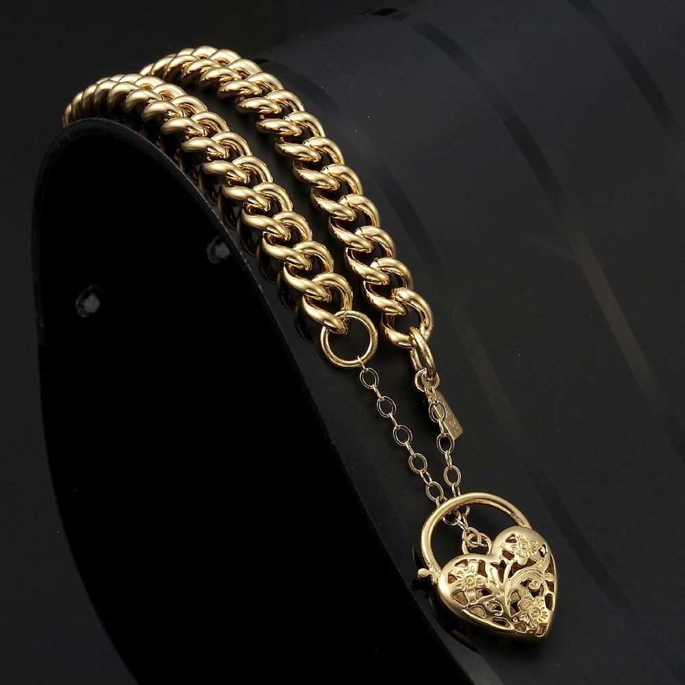 18K GL Solid Curb Gold Bracelet with Filigree Heart Padlock