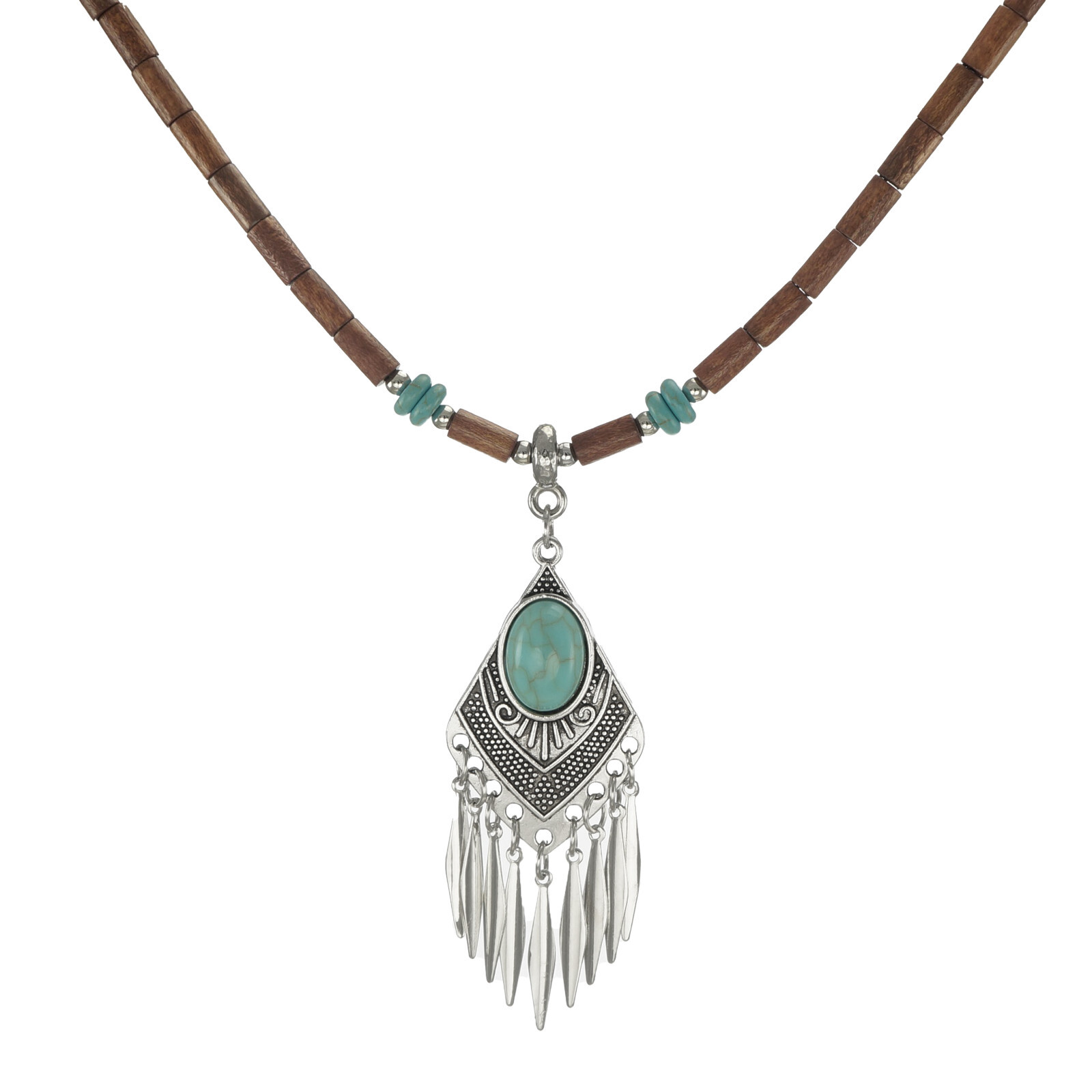 Western Black or Turquoise Pendant with Brown Wood Boho Necklace, Length Choice
