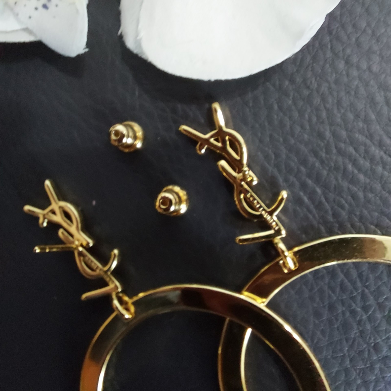 Auth. YVES SAINT LAURENT YSL LOGO Large Dangle HOOP EARRINGS Gold Tone