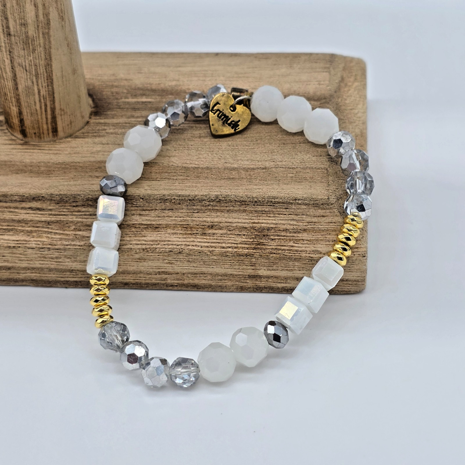 Erimish Cloud White Clear and Silver Ombre Crystal Stretch Bracelet Gold Accents