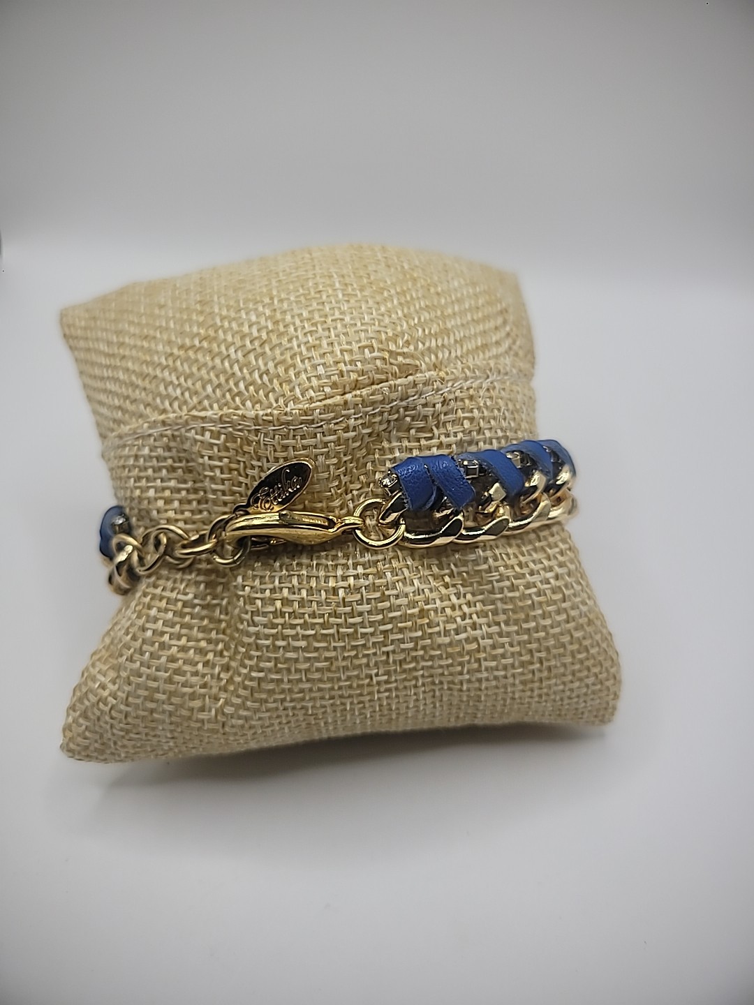 Vintage Ettika Bracelet Gold Tone Chain Leather Braided Blue Purple Jewelry