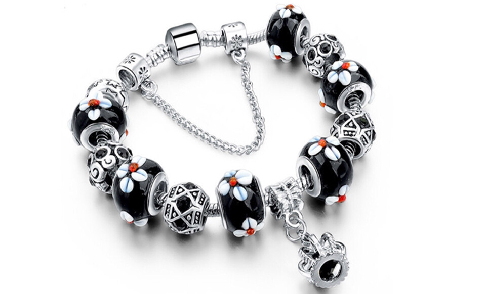 18K White Gold Plated BLACK Flower Crystal CZ Charm Bracelet Made with Swarovski