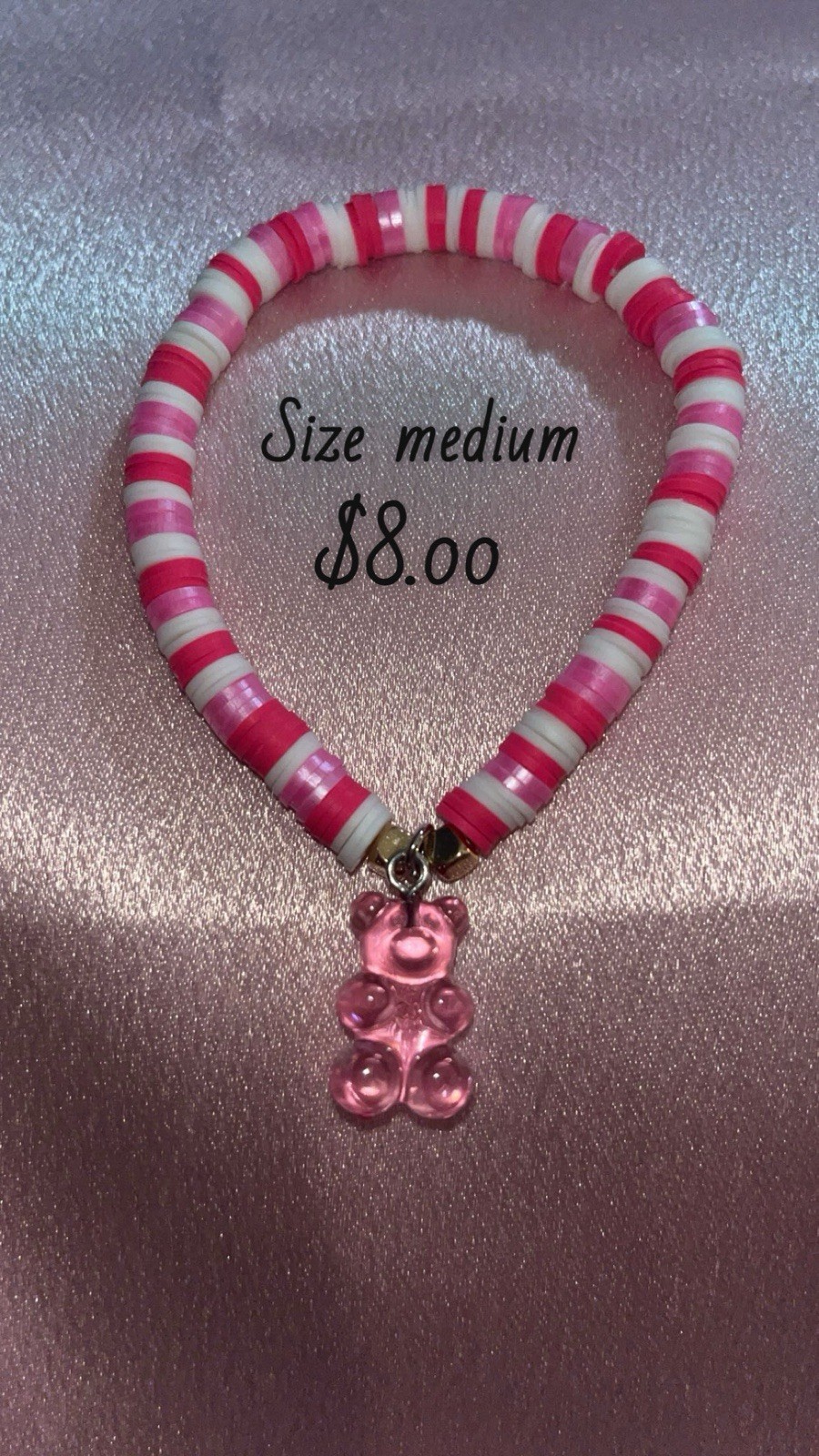 Pink White Stretch Beaded Charm Bracelet Plastic Bear Dangle Animal Theme