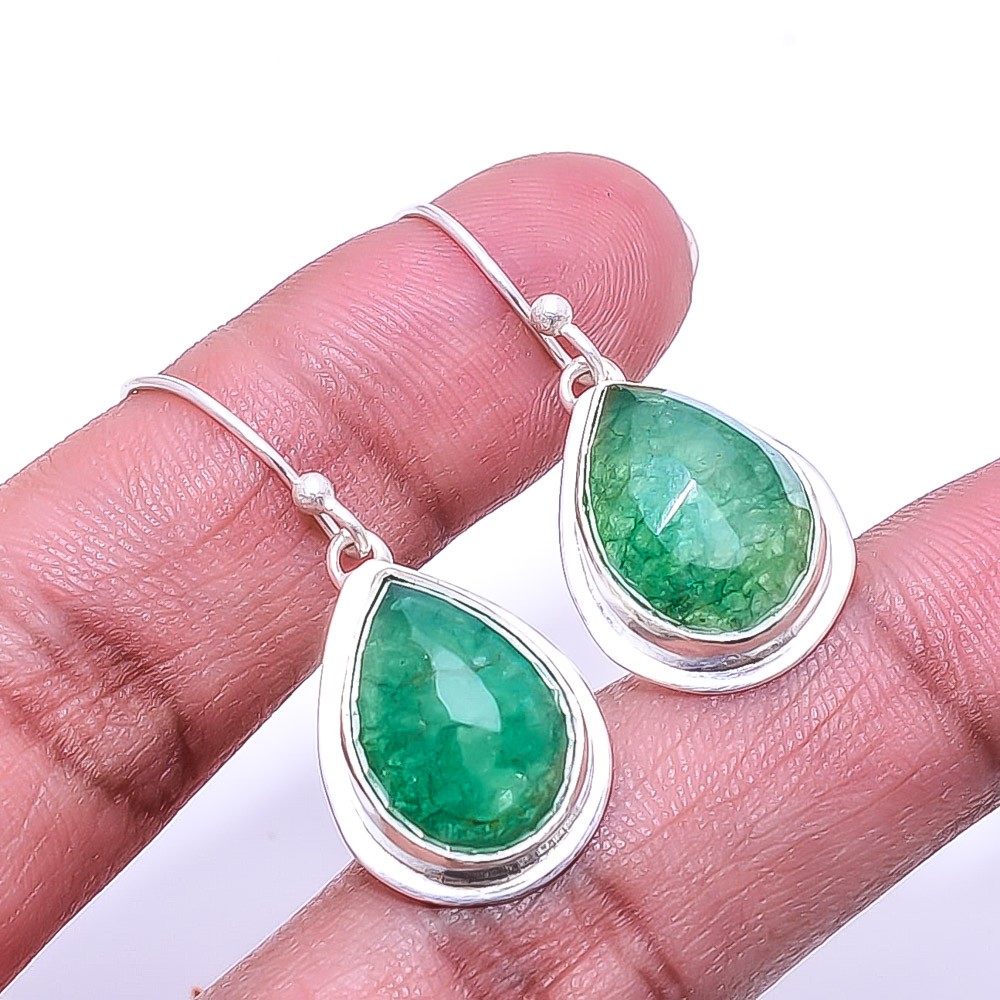 Natural Emerlad -Dyed Quartz 925 Sterling Silver Earring 1.33″, Christmas Gift