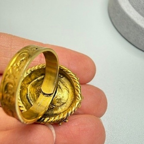 Vintage Gold Tone Green Stone Ring and Bracelet Set MCM Etruscan Revival Chic