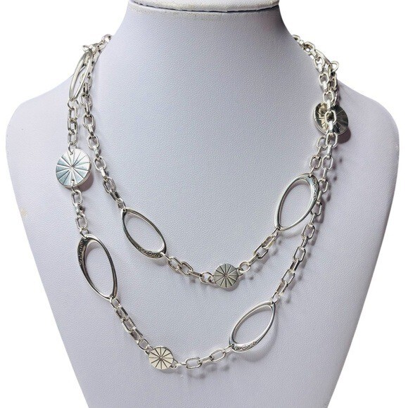 Brighton ORBIT Silver Etched Disc Eliptical Link Long Necklace