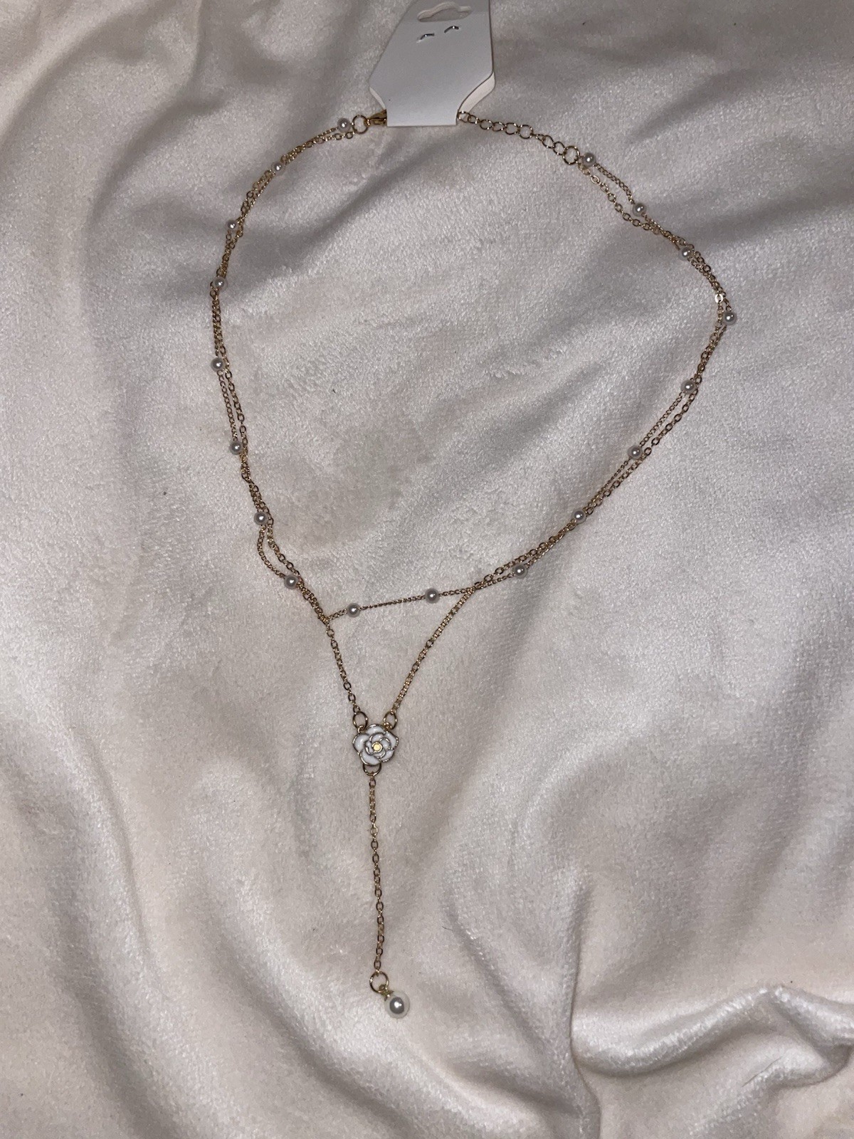 Layered Floral Lariat Necklace with Pearl Charm