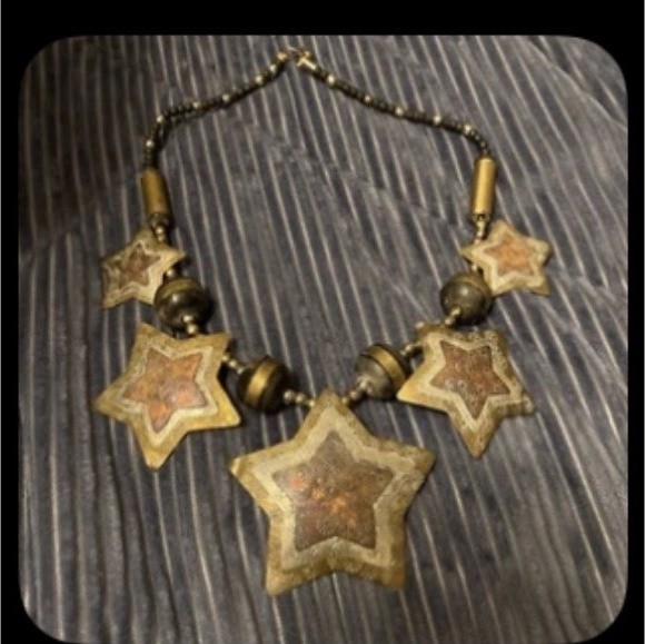 Mixed Metal Tone Beaded Ball Statement Necklace w/ Star Dangle Charm Pendants
