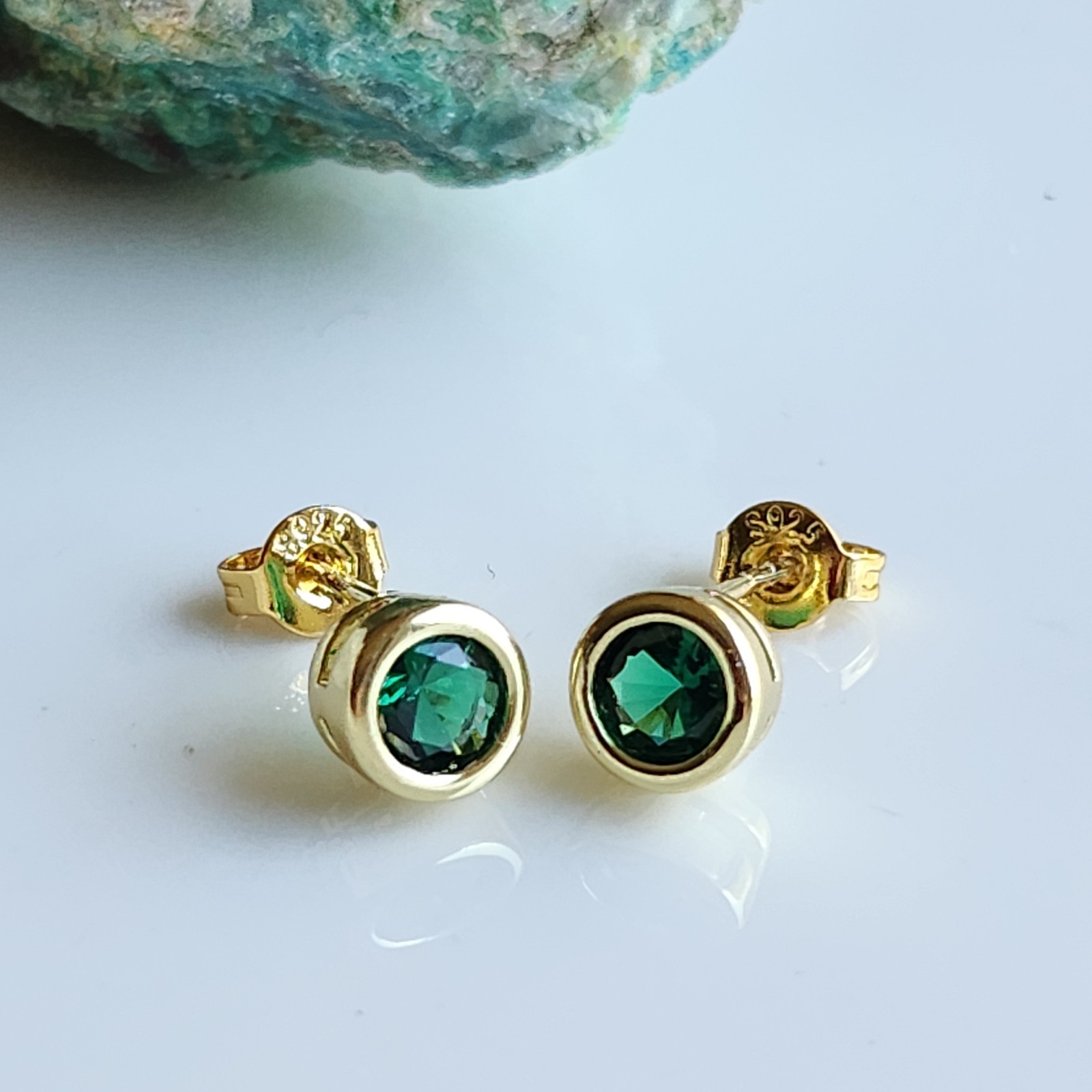 925 Sterling Silver 1CT Round Green Tourmaline Earrings Yellow Gold-Plated