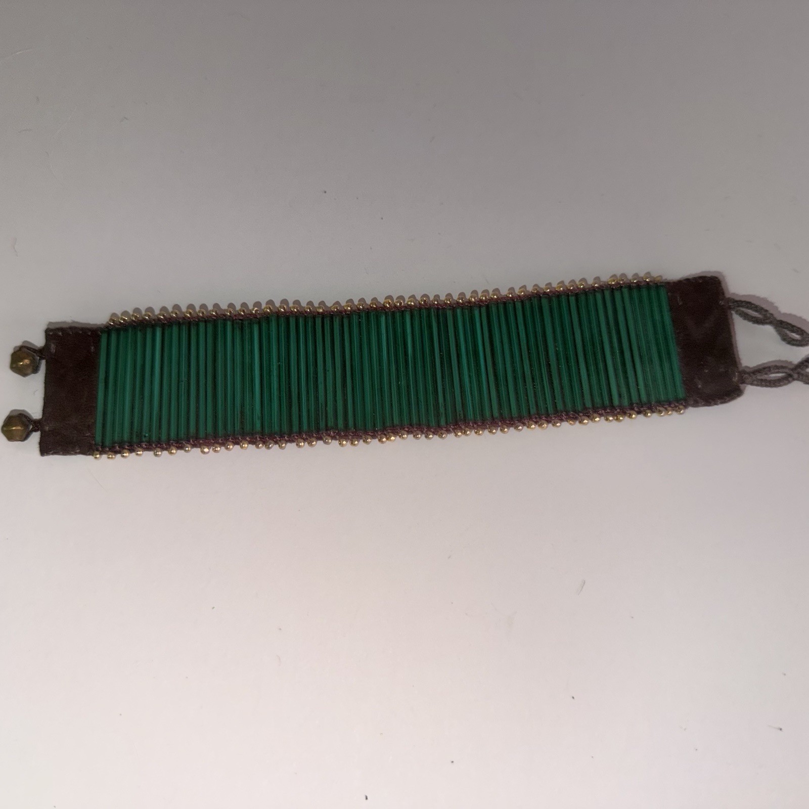 Green Bugle Bead Wide Cuff Bracelet Brown Suede Boho Tribal Adjustable Tie