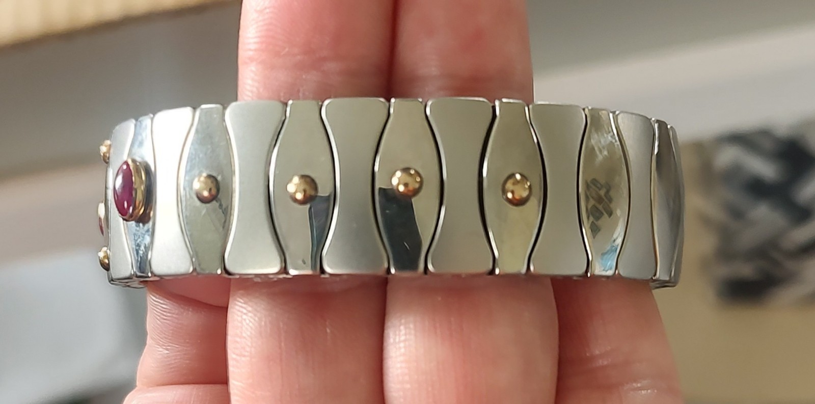 UNODOMANI Stainless Steel 18K GOLD Silver Pink Stone Stretch BRACELET Italy Vtg