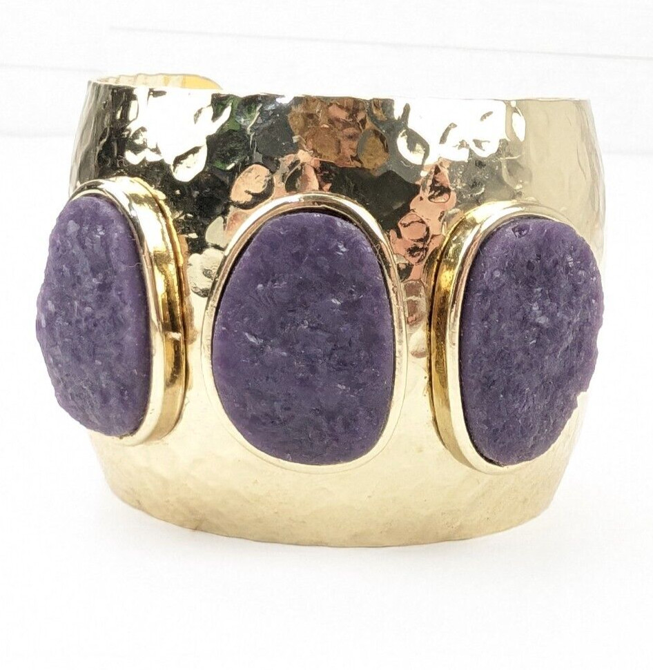 Graziano Acrylic Faux Druzy Chunks Hammered Gold Tone Cuff Bracelet 2″ Wide