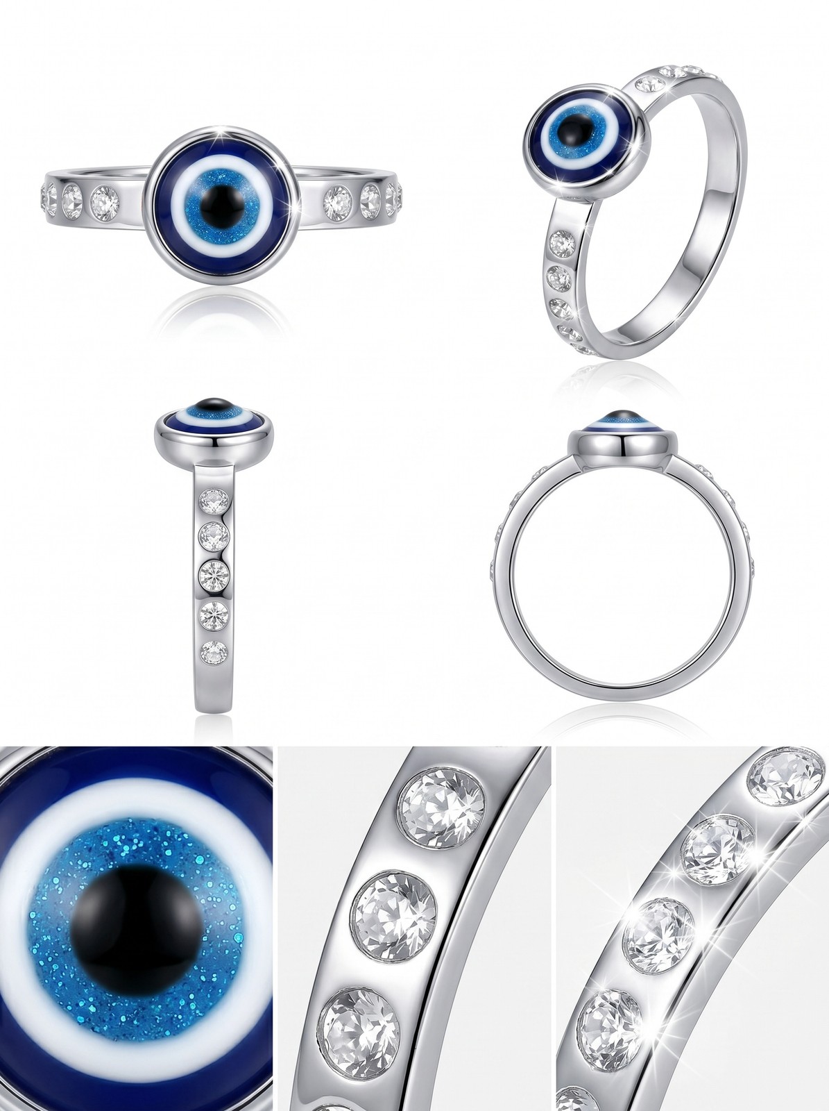 Evil Eye Protection Ring – Silver-Tone Talisman Band with Blue Enamel & Crystals