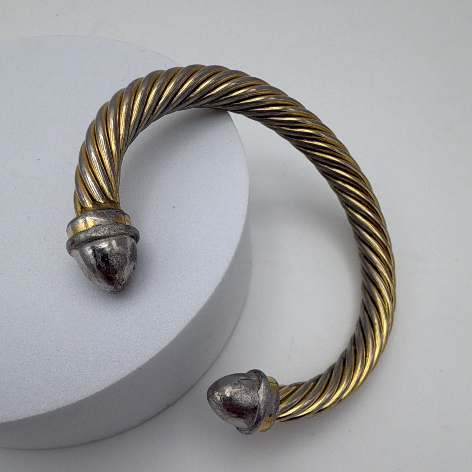 Gold/Silver Tone Twisted Wire Cable Cuff Bracelet Metal End Caps No Stone